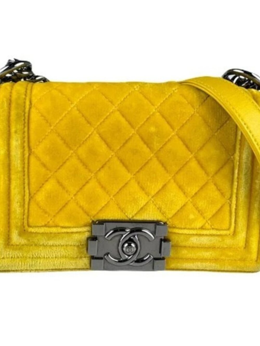 Auth CHANEL Boy Bag Chain Shoulder Bag Yellow Velvet/Leather/Metal - z8790